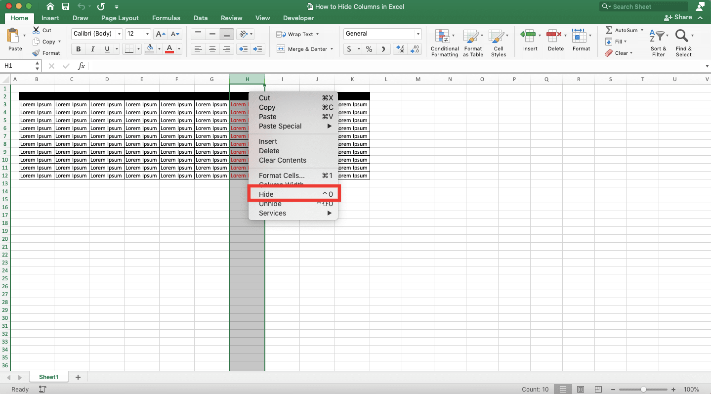 How to Hide Columns in Excel - Screenshot of Step 2, Right-Click Method