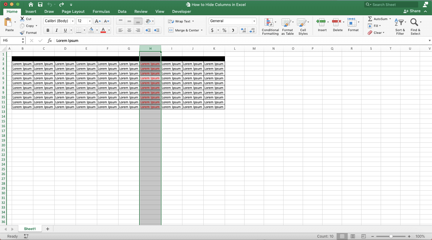 How to Hide Columns in Excel - Screenshot of Step 2, Shortcut Method