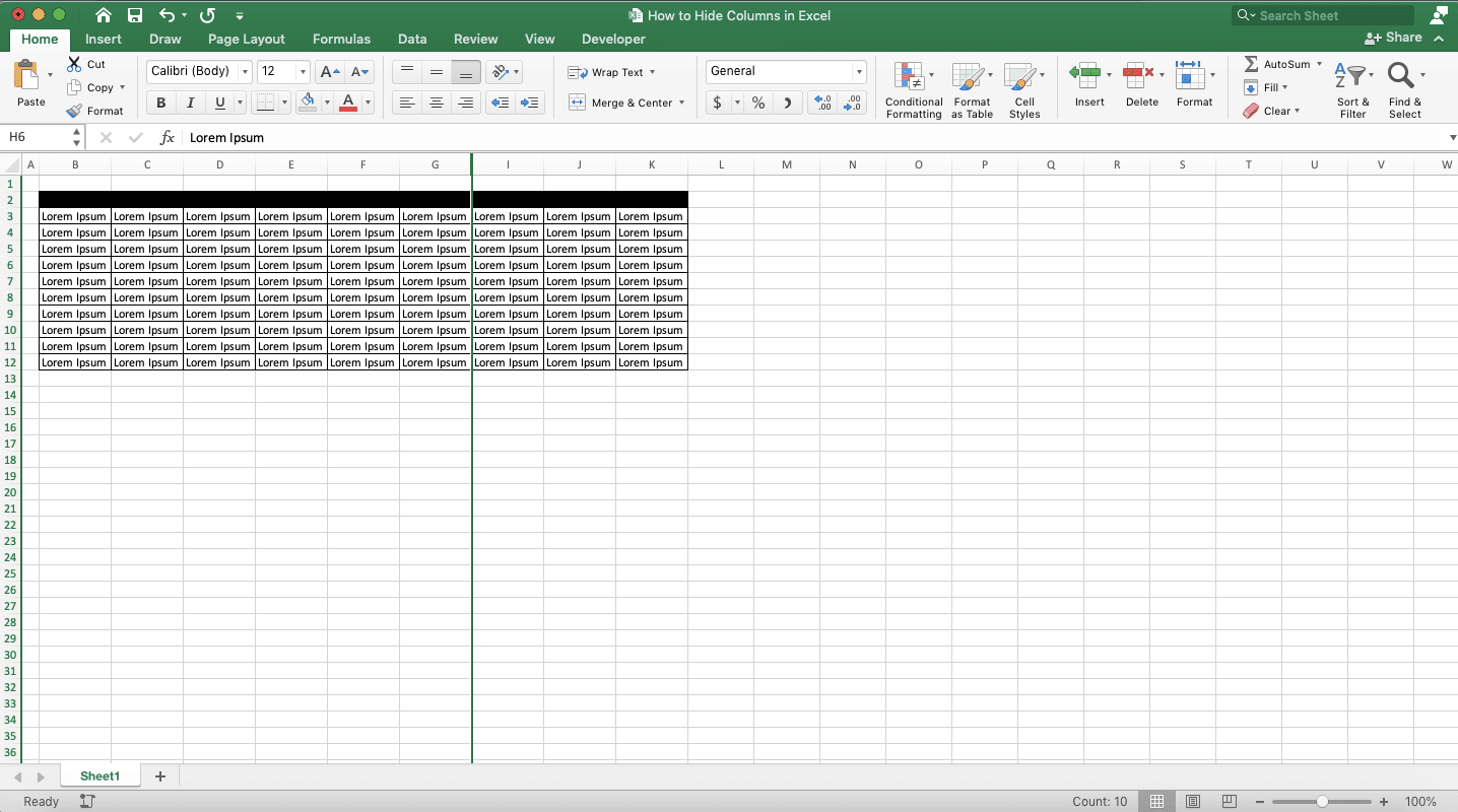 How to Hide Columns in Excel - Screenshot of Step 4, Shortcut Method