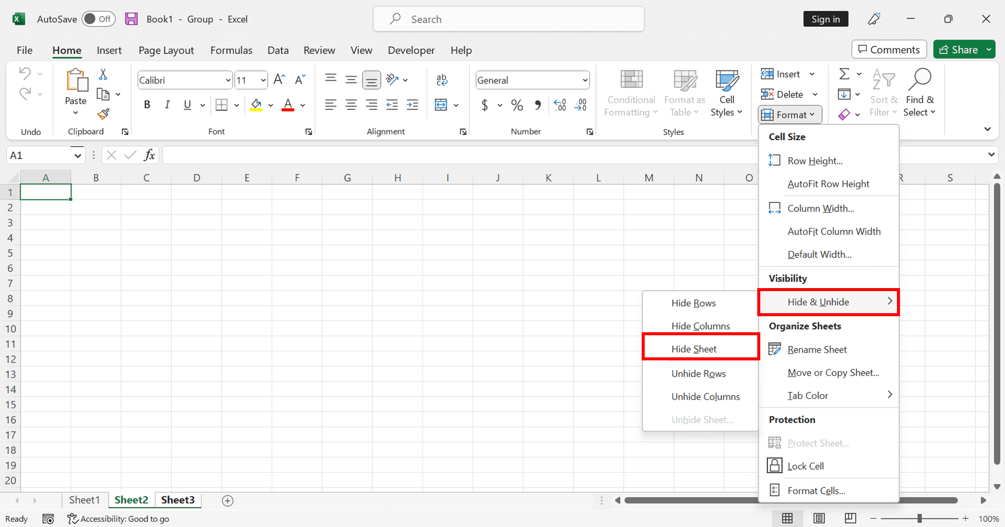 How to Hide Sheets in Excel - Screenshot of Step 3, Format Menu Method