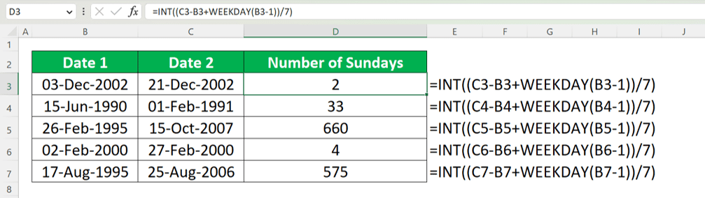 How to Calculate How Many Weekends Between Two Dates in Excel - Screenshot of the Implementation Example of the Formula to Calculate How Many Sundays Are There Between Two Dates