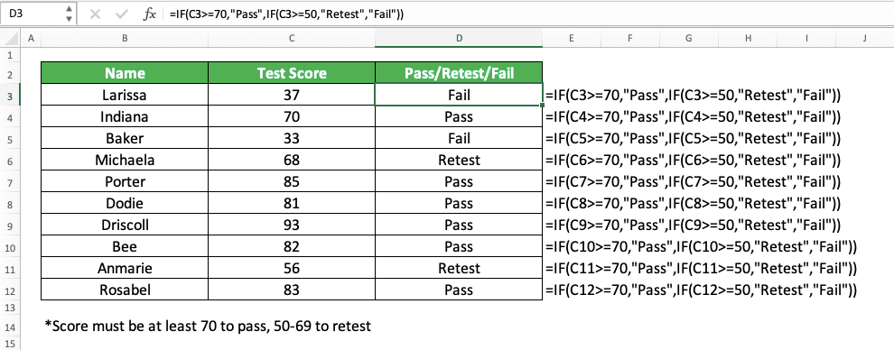 How to Write an IF Formula for Pass/Fail in Excel - Screenshot of an IF Implementation Example to Assess Whether Test Scores Pass/Retest/Fail