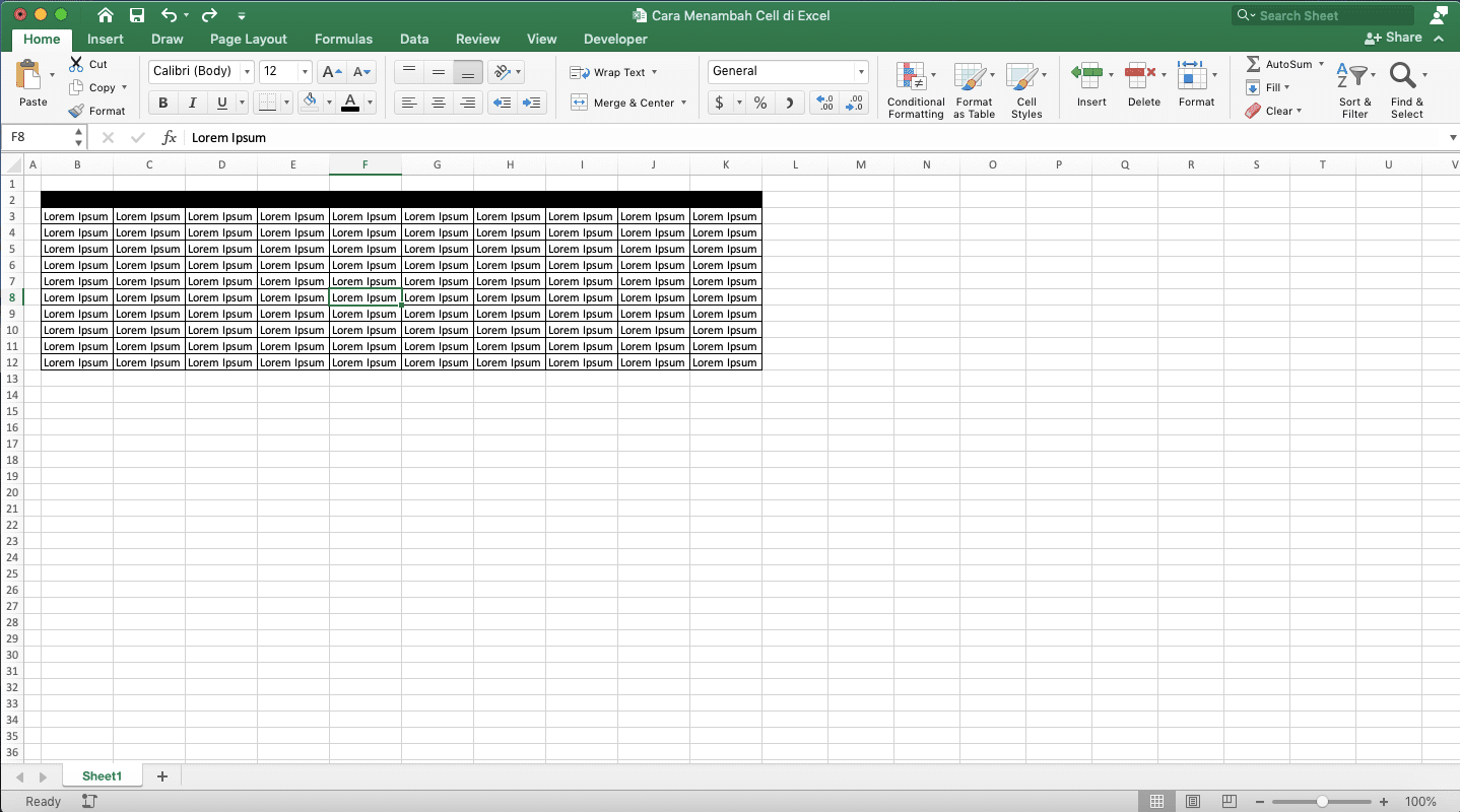 How to Insert Cells in Excel - Screenshot of Inserting Cells One by One, Step 1