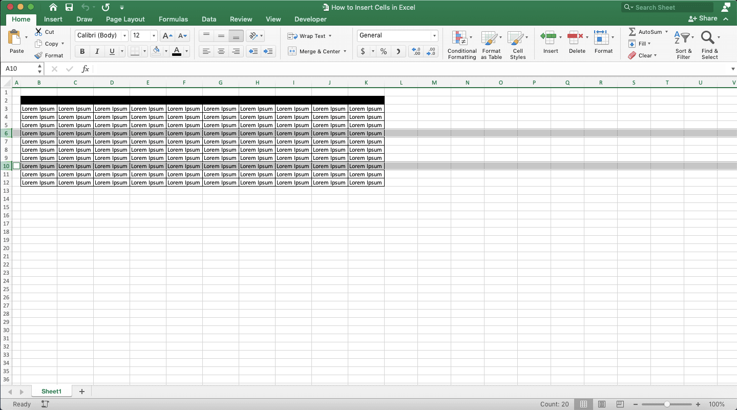 How to Insert Cells in Excel - Screenshot of Inserting Cells in Excel by Adding Rows, Step 1