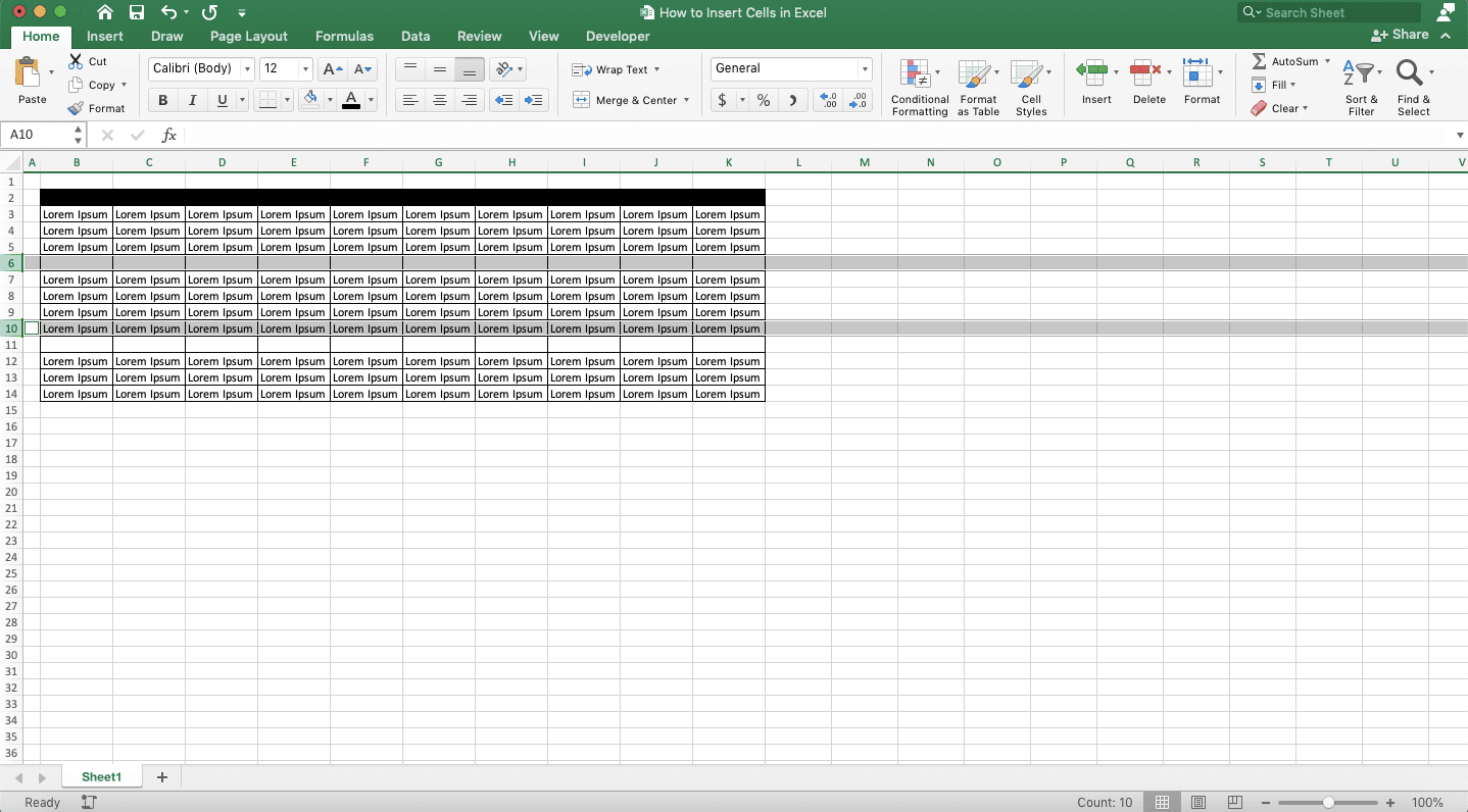 How to Insert Cells in Excel - Screenshot of Inserting Cells in Excel by Adding Rows, Step 3