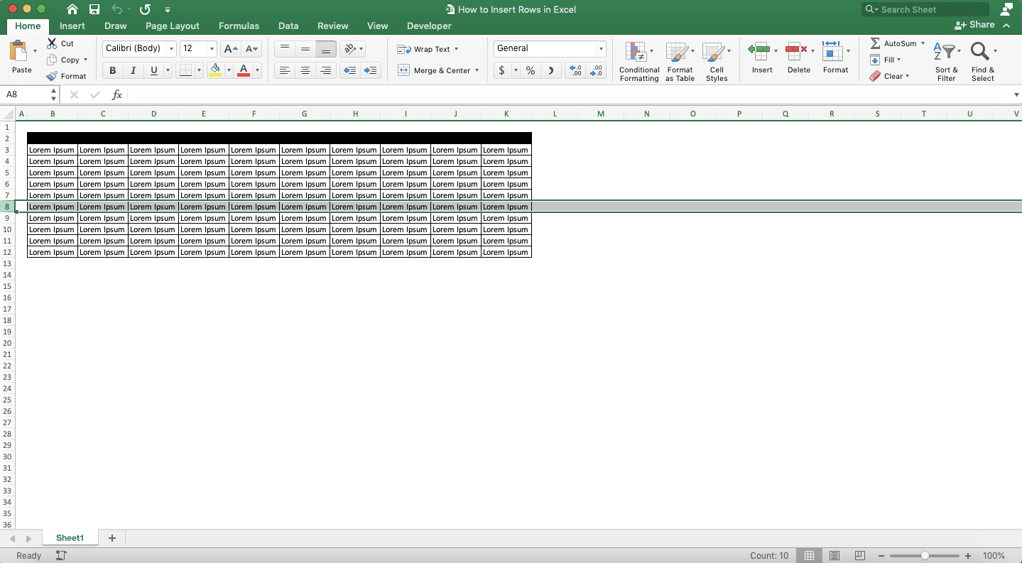 How to Insert Rows in Excel - Screenshot of How to Insert Multiple Non-Adjacent Rows in Excel, Step 1
