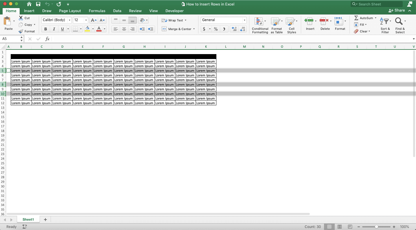 How to Insert Rows in Excel - Screenshot of How to Insert Multiple Non-Adjacent Rows in Excel, Step 3