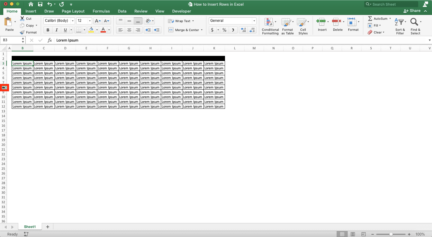 How to Insert Rows in Excel - Screenshot of How to Insert a Row in Excel, Step 1