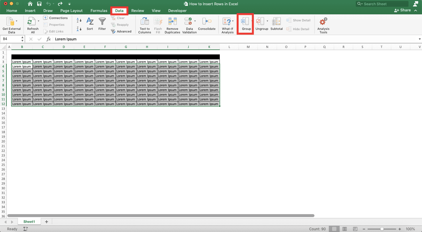 How to Insert Rows in Excel - Screenshot of the Data Tab and Group Button Locations