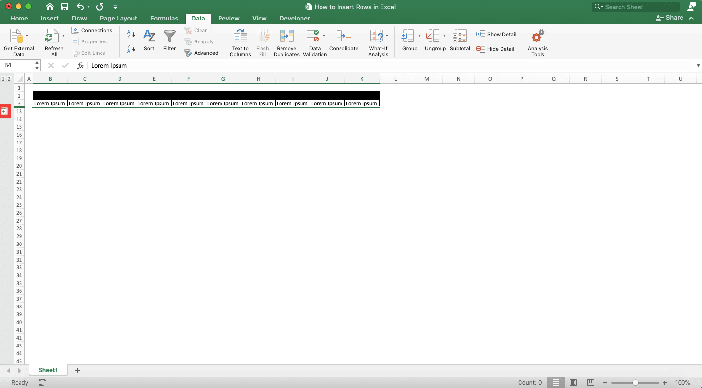 How to Insert Rows in Excel - Screenshot of the Collapsing Sub Rows Result Example and the Excel Group Plus Symbol Location