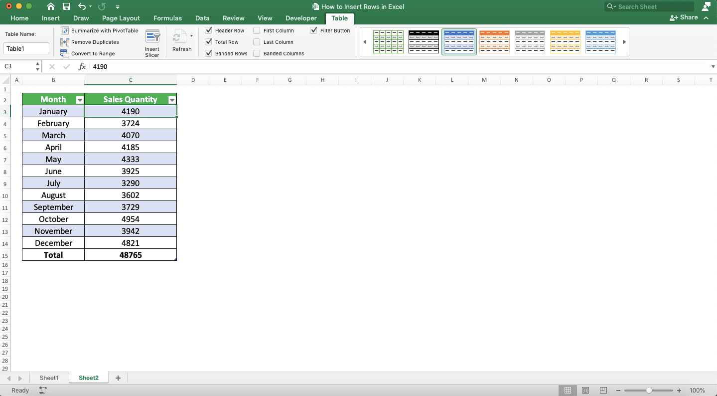 How to Insert Rows in Excel - Screenshot of the Total Row Insertion Result Example