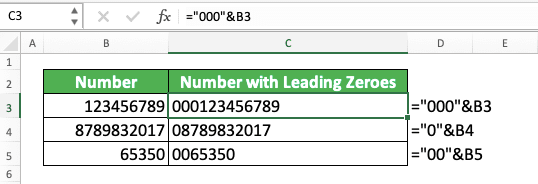How to Add Leading Zeroes in Excel - Screenshot of the Ampersand Symbol Implementation Example to Add Leading Zeroes to a Number