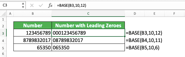 How to Add Leading Zeroes in Excel - Screenshot of the BASE Implementation Example to Add Leading Zeroes to a Number