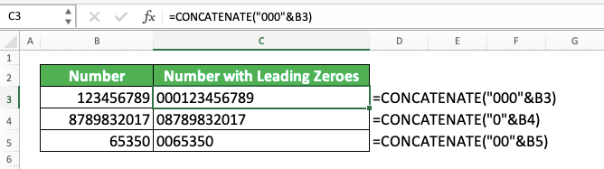 How to Add Leading Zeroes in Excel - Screenshot of the CONCATENATE Implementation Example to Add Leading Zeroes to a Number