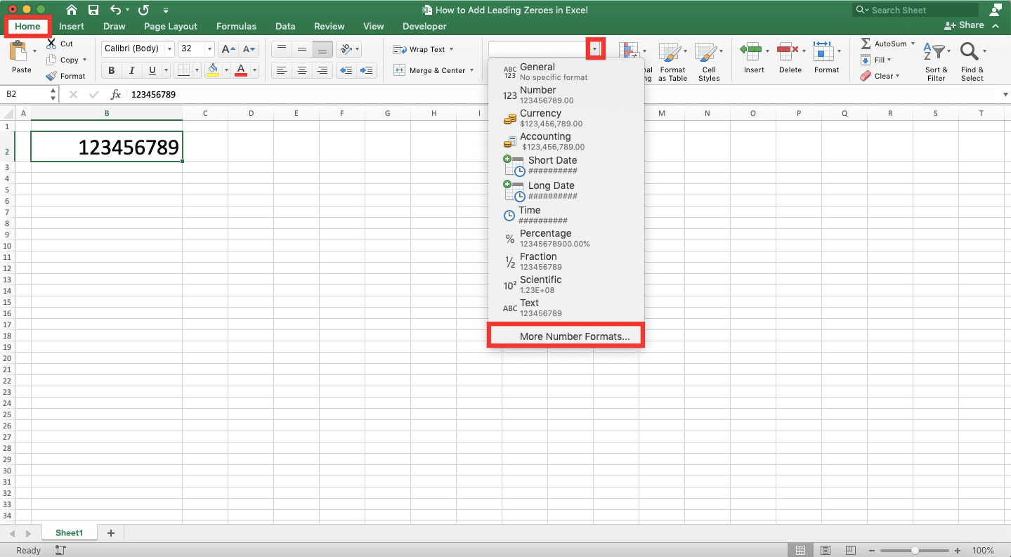 How to Add Leading Zeroes in Excel - Screenshot of the Home Tab, Cell Format Dropdown Button, and More Number Formats... Choice in the Dropdown List Location