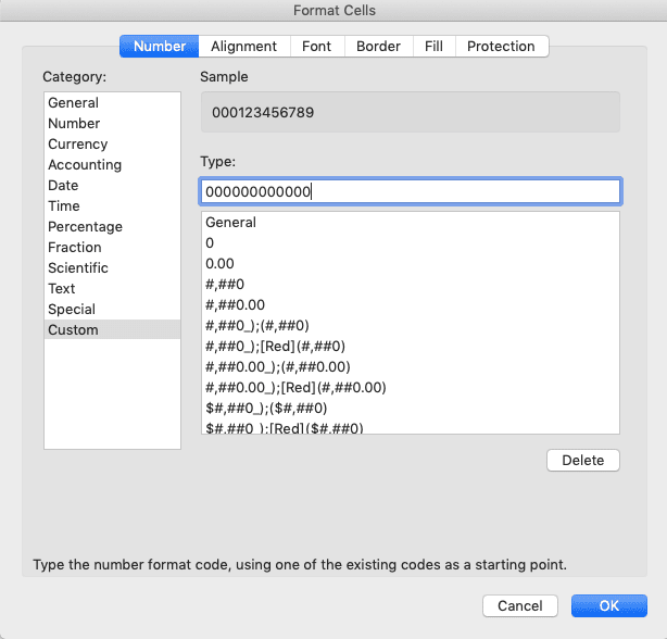 How to Add Leading Zeroes in Excel - Screenshot of the Zeroes Typing Example in the Custom Text Box of the Format Cell Dialog Box