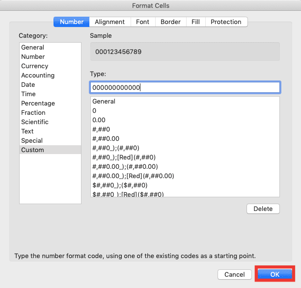 How to Add Leading Zeroes in Excel - Screenshot of the OK Button Location in the Format Cell Dialog Box