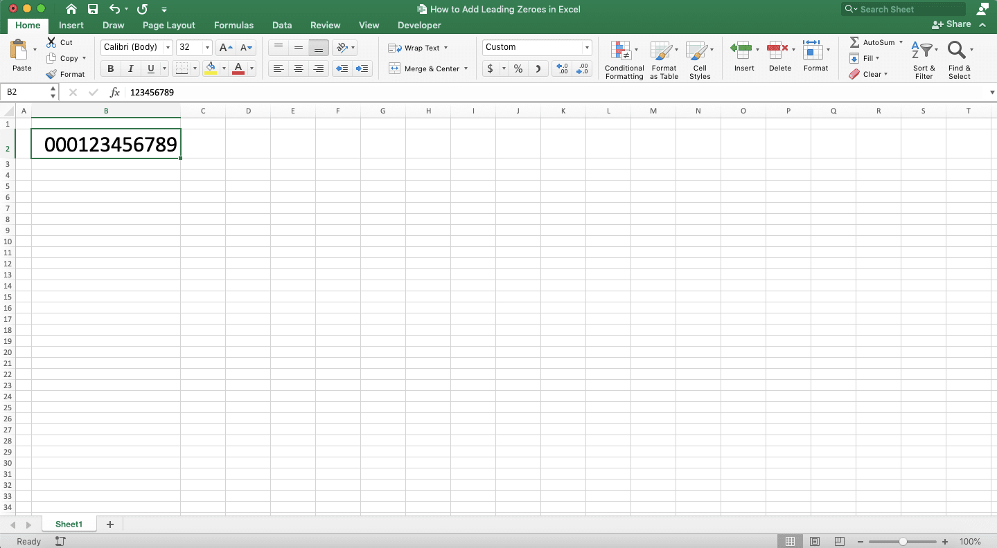 How to Add Leading Zeroes in Excel - Screenshot of the Custom Data Format Result Example on a Number with Leading Zeroes