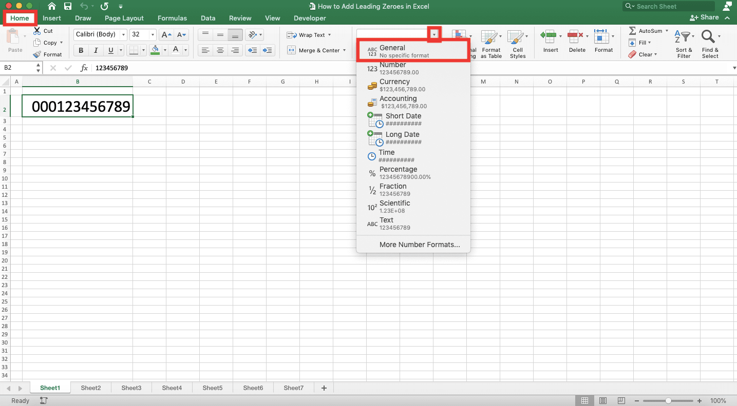 How to Add Leading Zeroes in Excel - Screenshot of the General Data Format Implementation Example on a Number with Leading Zeroes