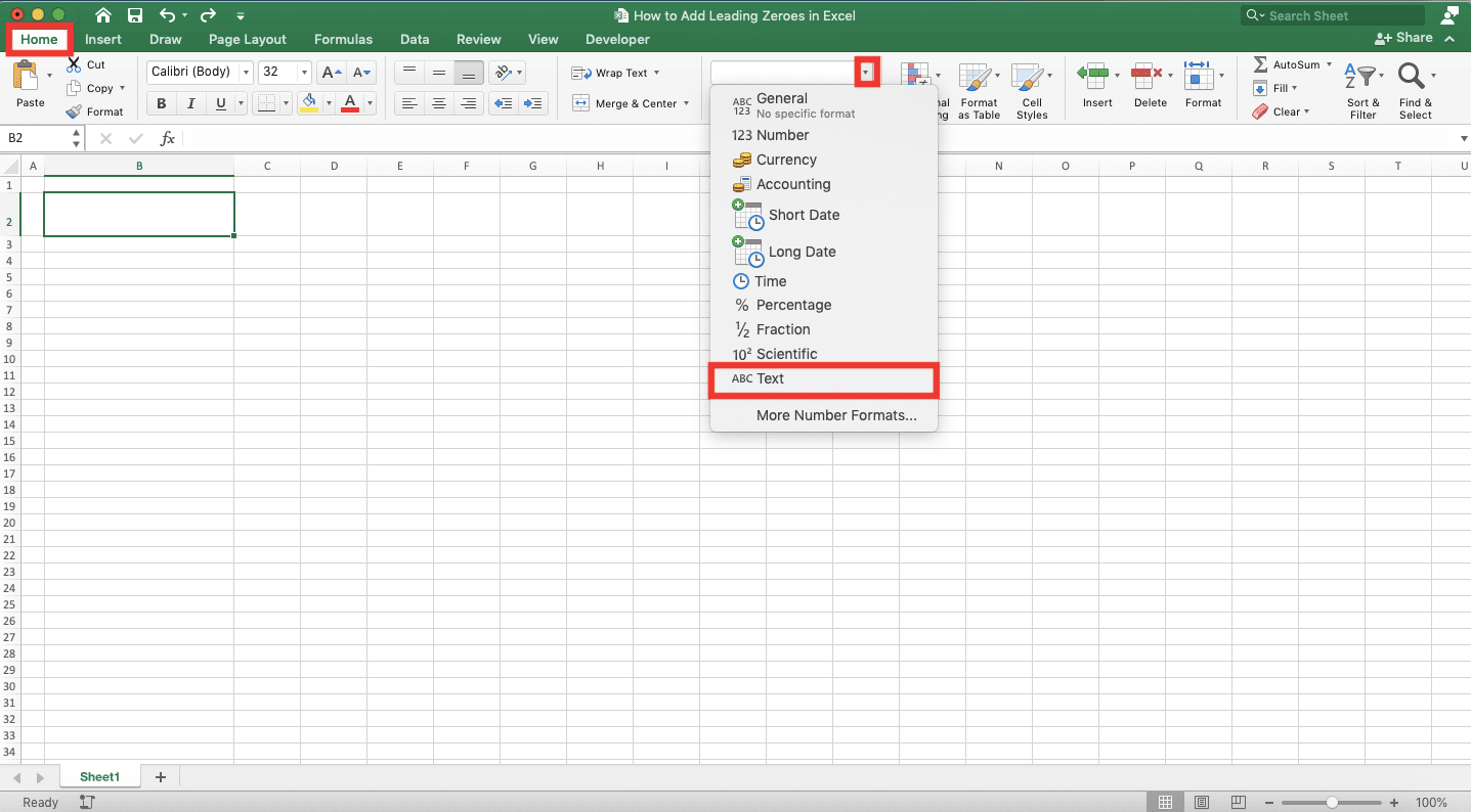 How to Add Leading Zeroes in Excel - Screenshot of the Home Tab, Cell Format Dropdown Button, and Text Choice in the Dropdown List Location