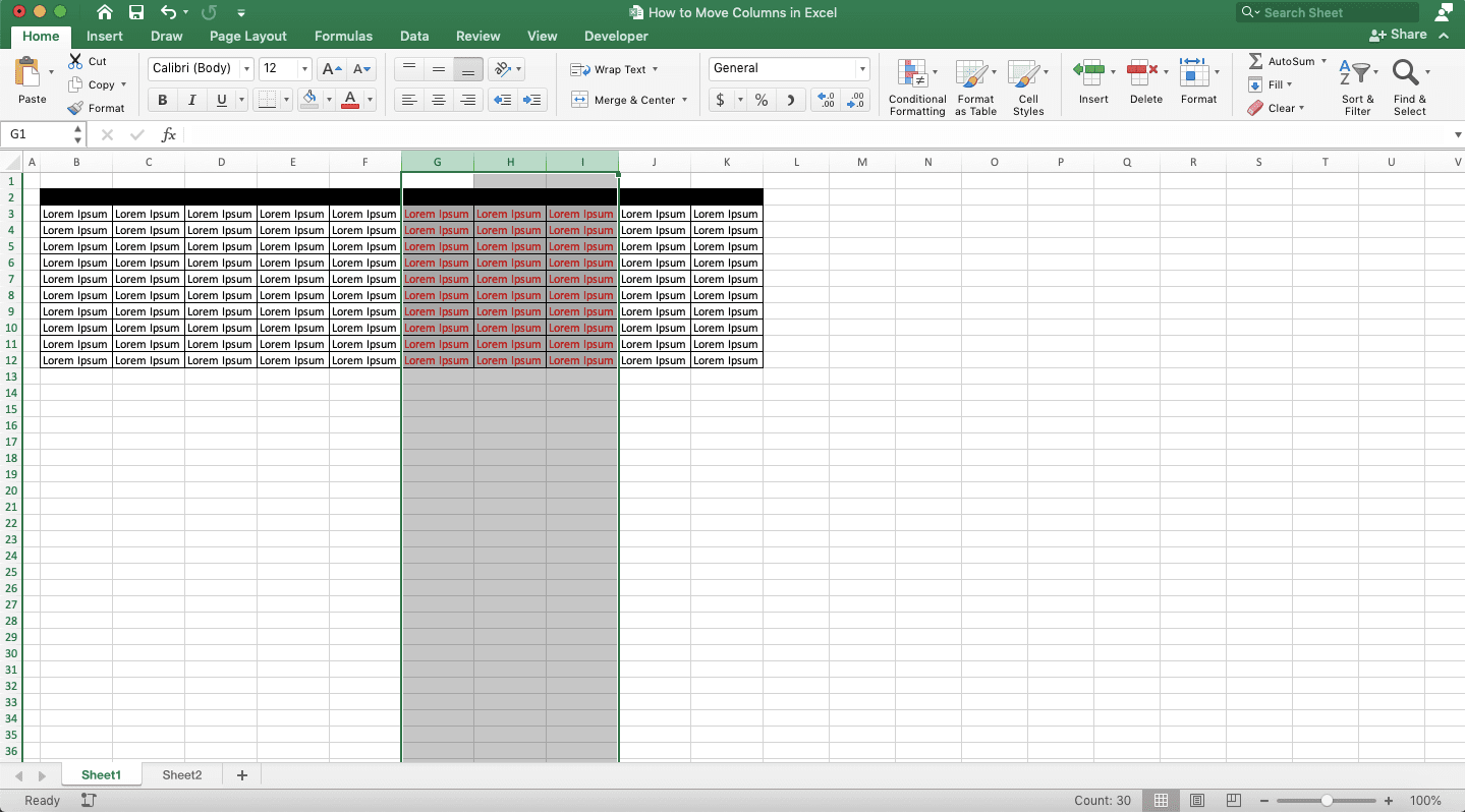 How to Move Columns in Excel - Screenshot of the Columns for the Example of Moving Columns to Another Worksheet