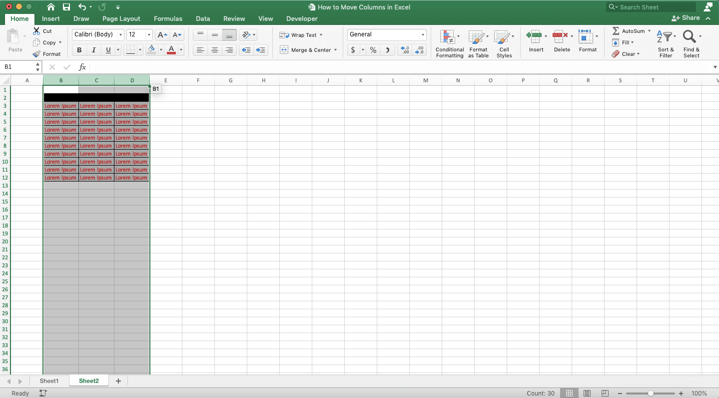 How to Move Columns in Excel - Screenshot of the Result Example of Moving Columns to Another Worksheet