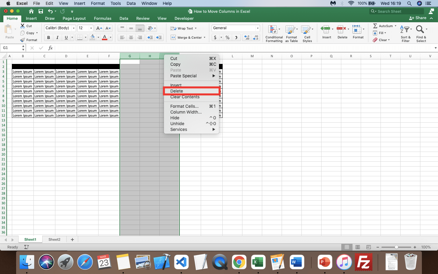 How to Move Columns in Excel - Screenshot of the Delete Choice Location