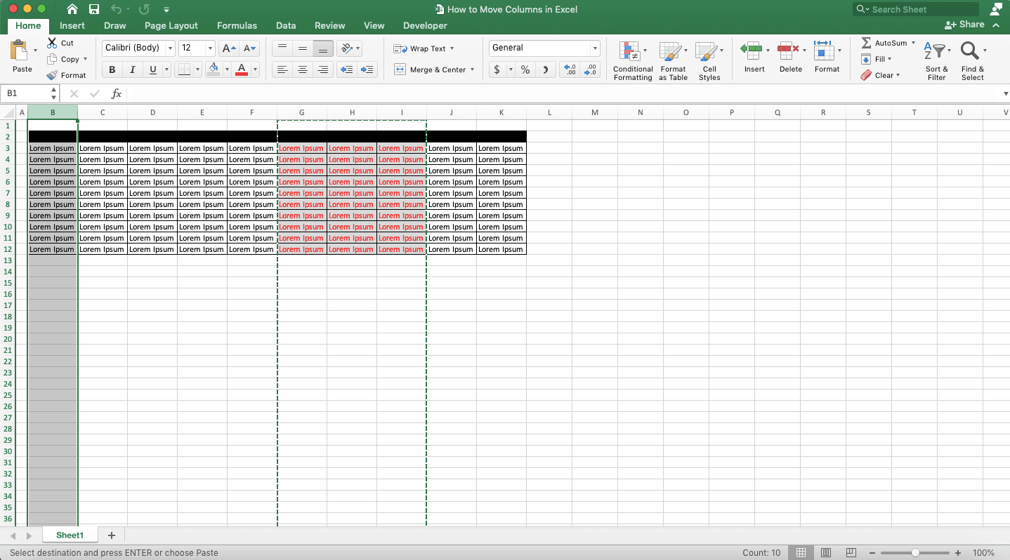 How to Move Columns in Excel - Screenshot of Step 3, Cut & Paste Method