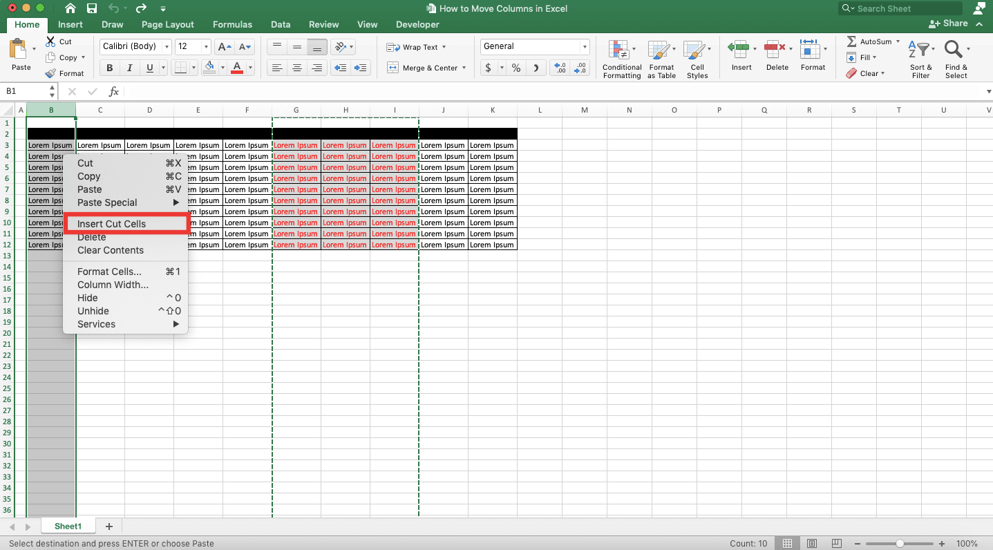 How to Move Columns in Excel - Screenshot of Step 4, Cut & Paste Method