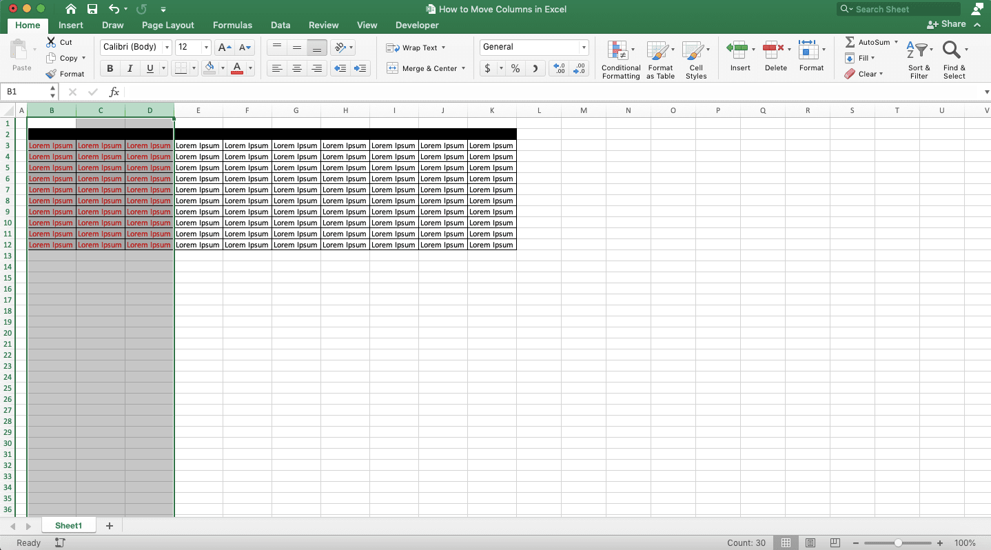 How to Move Columns in Excel - Screenshot of Step 5, Cut & Paste Method