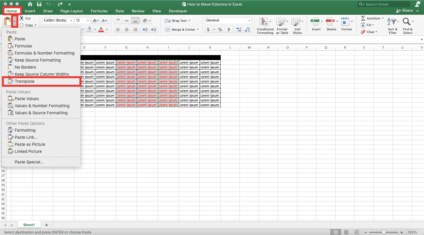 How to Move Columns in Excel - Screenshot of Step 4, Move Columns to Rows