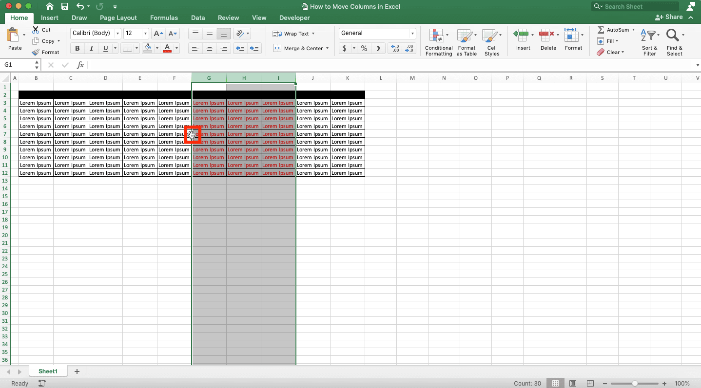 How to Move Columns in Excel - Screenshot of Step 2, Shift Button and Drag Method