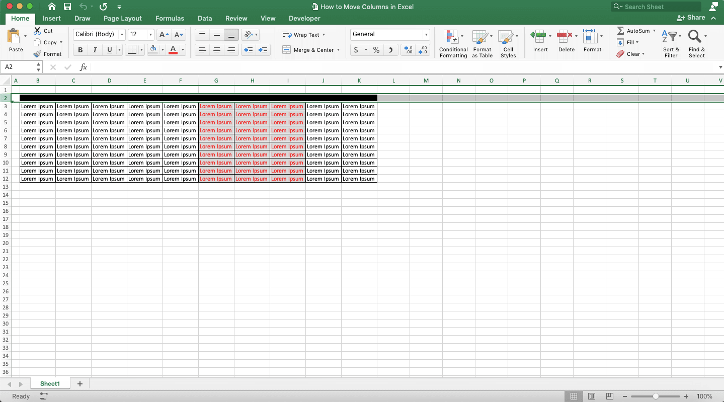 How to Move Columns in Excel - Screenshot of Step 1, Sort Method