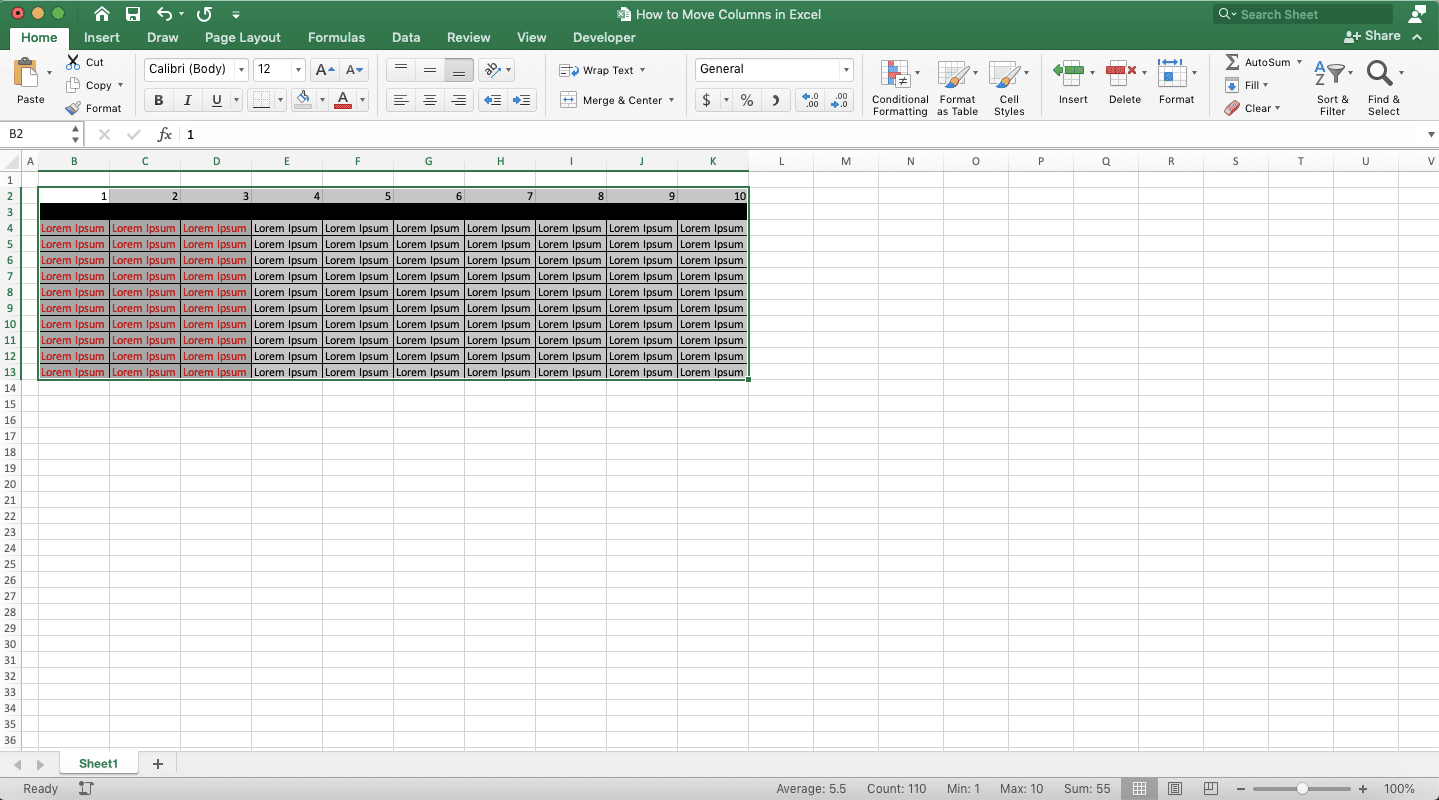 How to Move Columns in Excel - Screenshot of Step 10, Sort Method