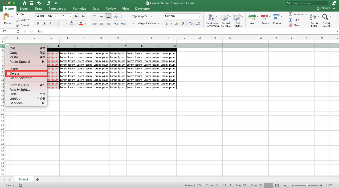 How to Move Columns in Excel - Screenshot of Step 11, Sort Method