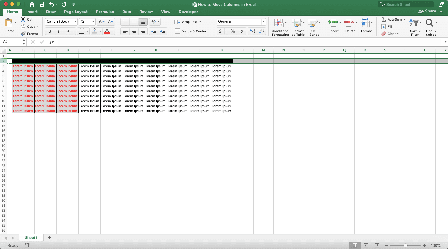 How to Move Columns in Excel - Screenshot of Step 12, Sort Method