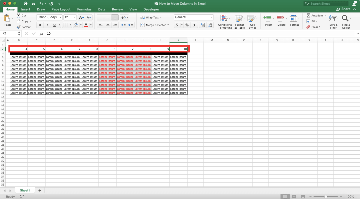 How to Move Columns in Excel - Screenshot of Step 3, Sort Method