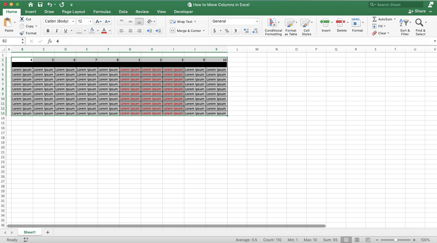 How to Move Columns in Excel - Screenshot of Step 4, Sort Method