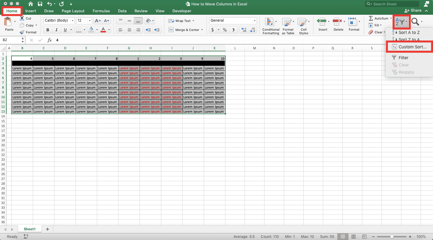 How to Move Columns in Excel - Screenshot of Step 5, Sort Method