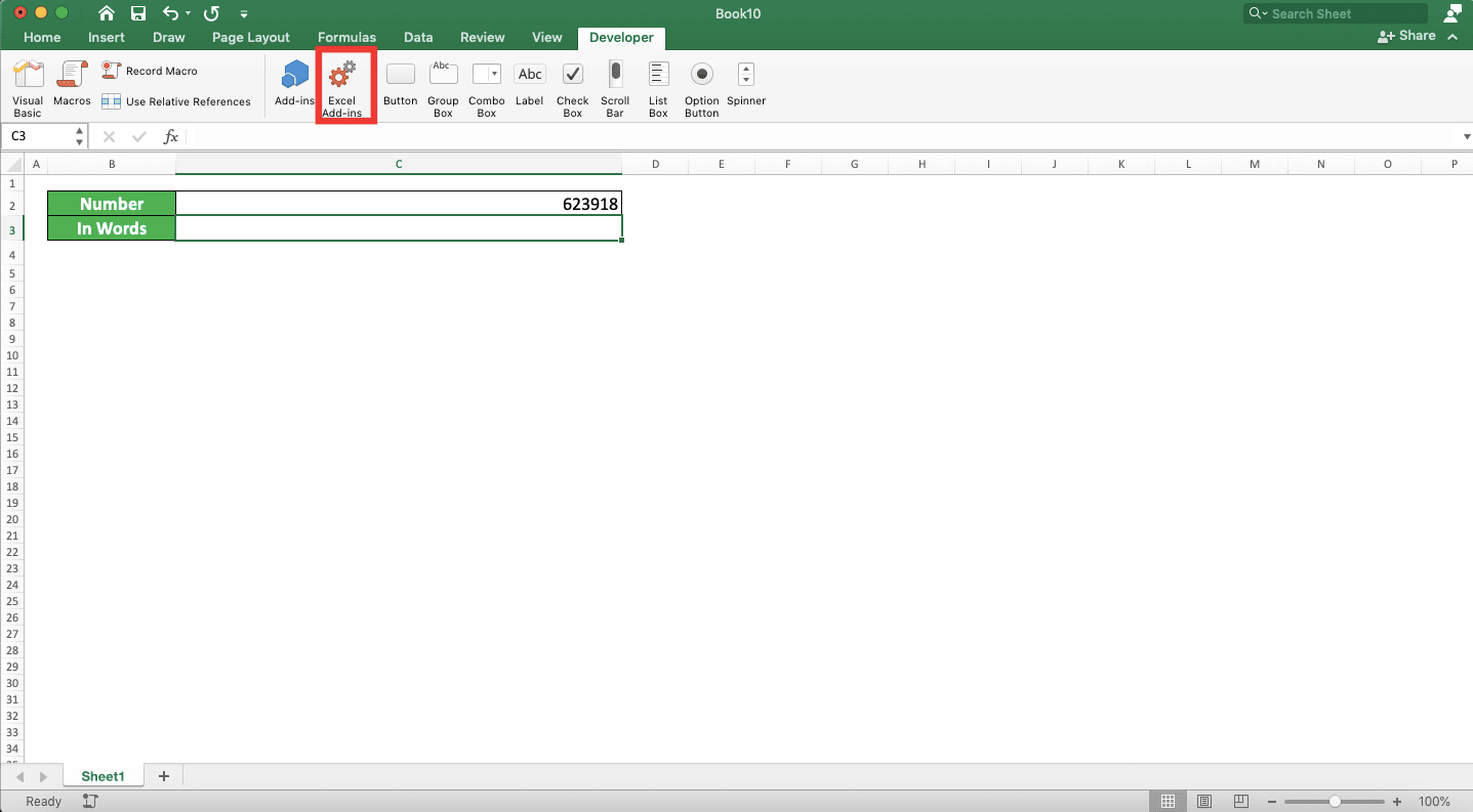 How to Convert Number to Words in Excel - Screenshot of Step 2 to Add the NUMBERTOTEXT Add-In to Excel