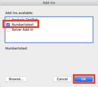 How to Convert Number to Words in Excel - Screenshot of Step 4 to Add the NUMBERTOTEXT Add-In to Excel