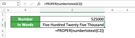 How to Convert Number to Words in Excel - Screenshot of the NUMBERTOTEXT Formula with the PROPER Implementation Example in Excel