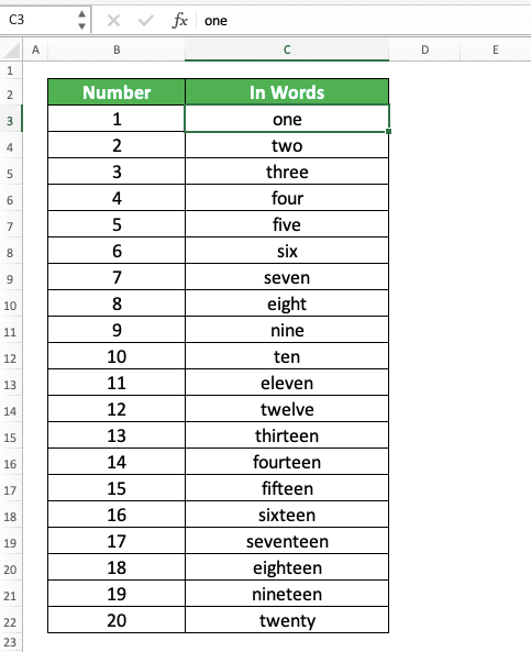 How to Convert Number to Words in Excel - Screenshot of the Reference Table for the VLOOKUP Implementation Example to Convert Number to Words in Excel