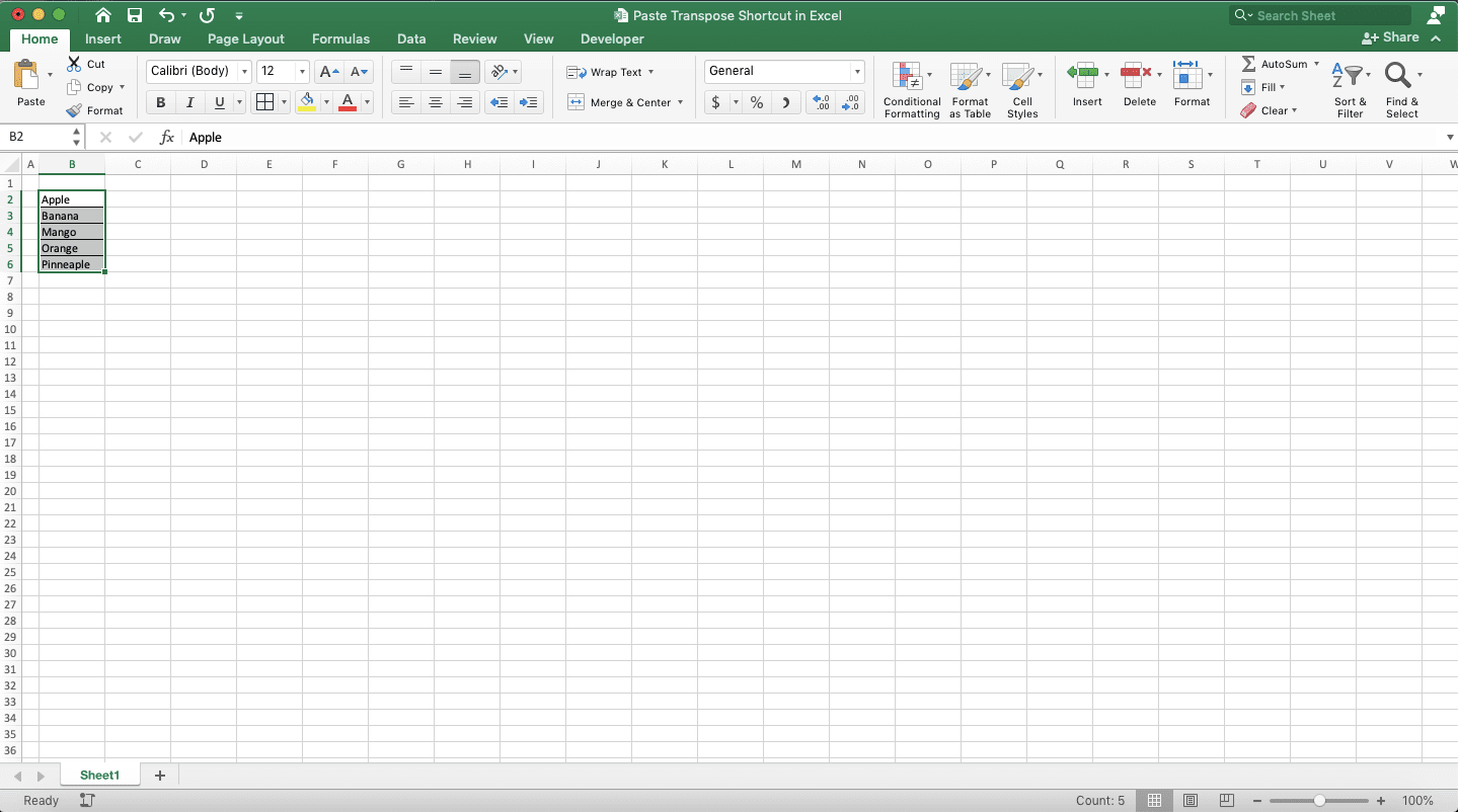 Paste Transpose Shortcut in Excel - Screenshot of Step 1