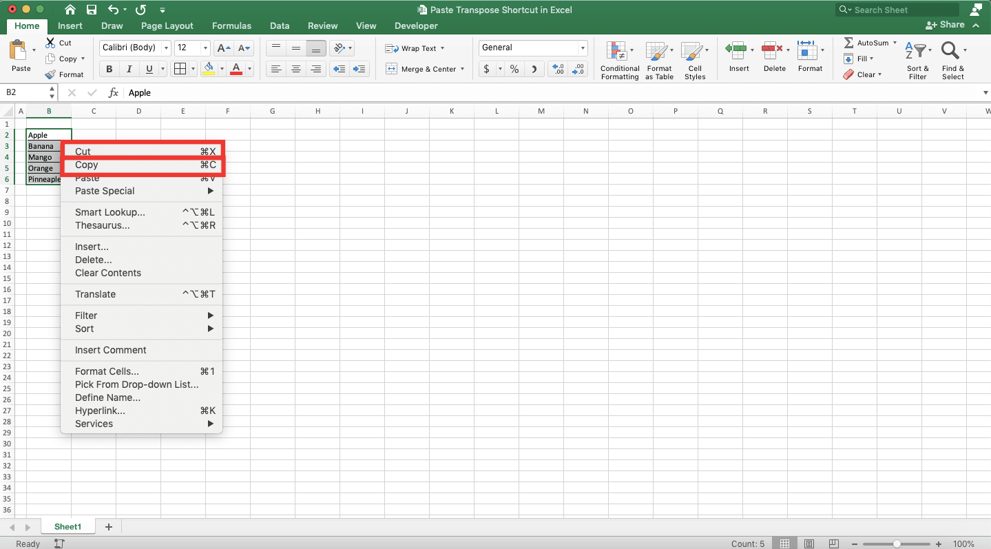 Paste Transpose Shortcut in Excel - Screenshot of Step 2