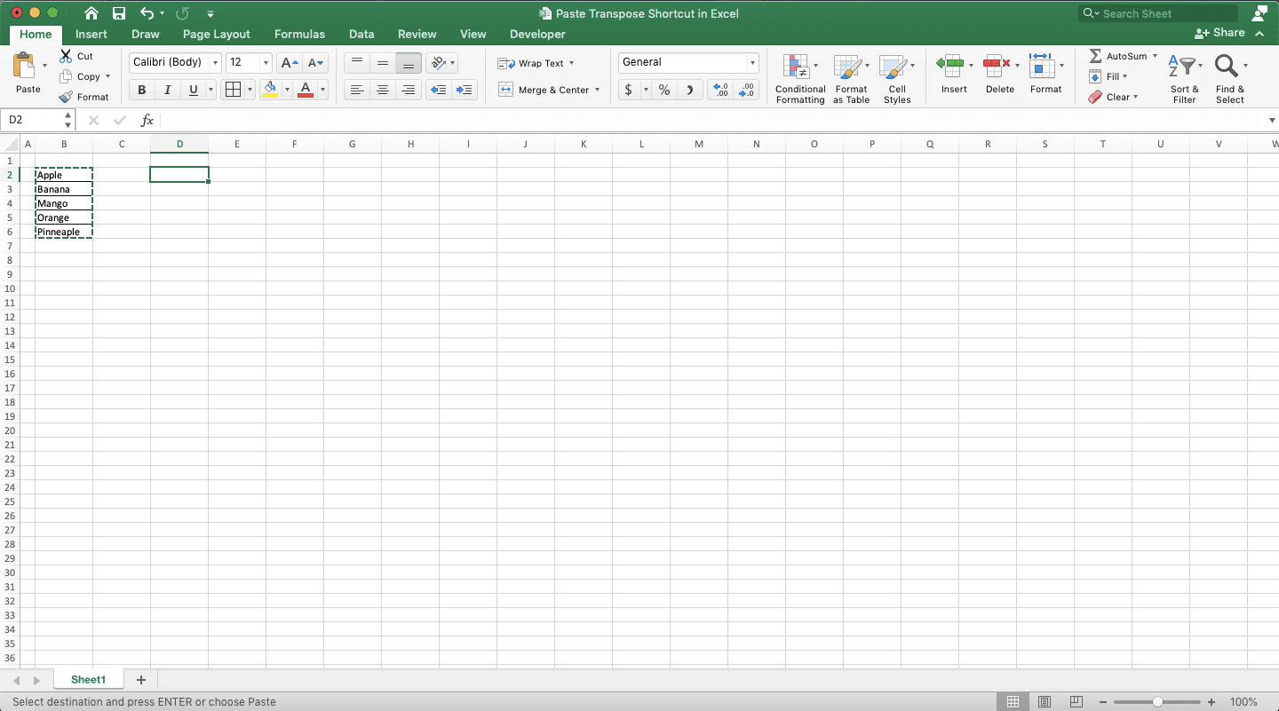 Paste Transpose Shortcut in Excel - Screenshot of Step 3