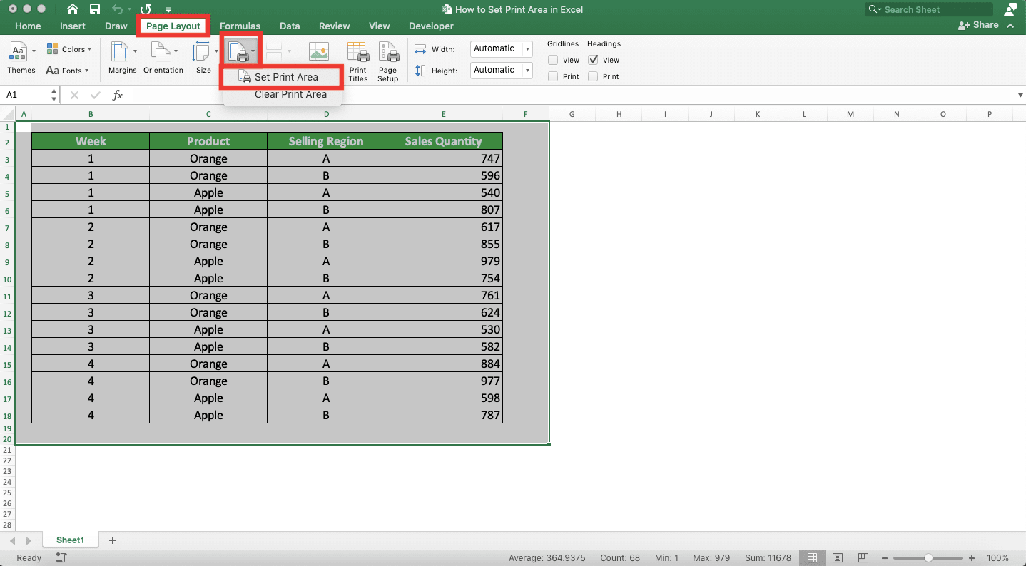 How to Set Print Area in Excel - Screenshot of Step 2