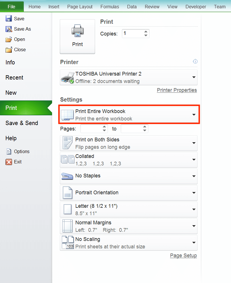 How to Print in Excel Neatly - Screenshot of the Print Entire Workbook Scope Settings