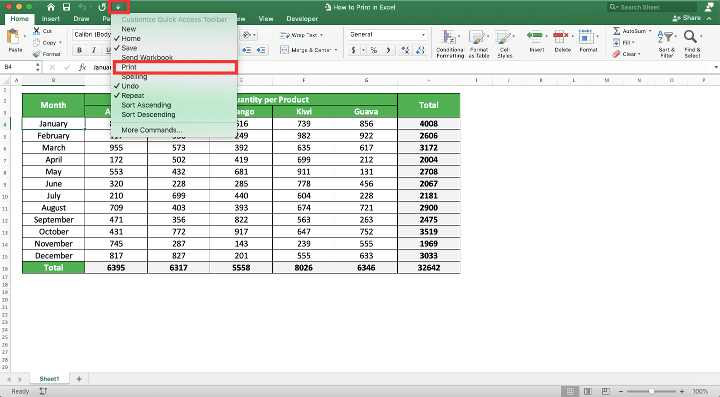 How to Print in Excel Neatly - Screenshot of the Quick Access Toolbar Dropdown Button and Its Print Choice Locations