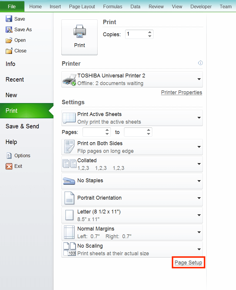 How to Print in Excel Neatly - Screenshot of the Page Setup Button Location in the Print Settings Page